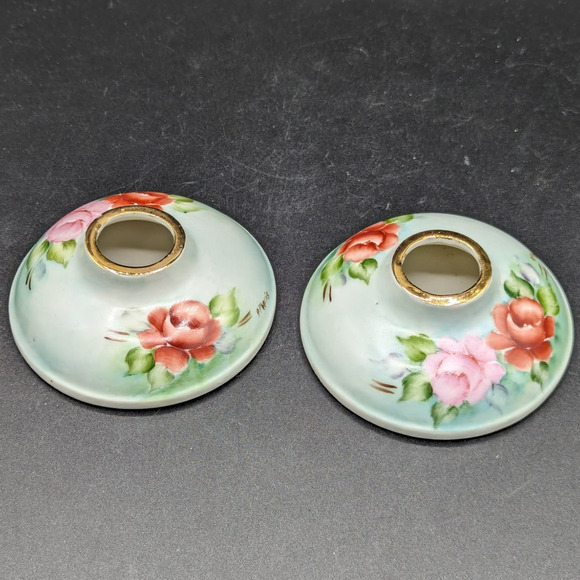 Vintage Porcelain Hand Painted Red And Pink Roses Candlestick Holders Signed - Picture 2 of 16